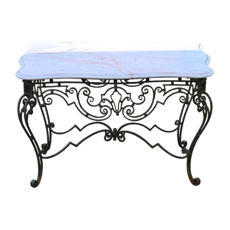 Wrought iron coffee table, white marble top, circa 1940