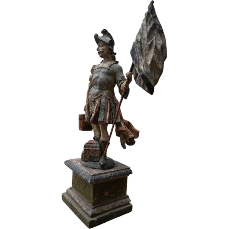 Statue de Saint Florian en bois sculpté polychrome italien, 17ème siècle