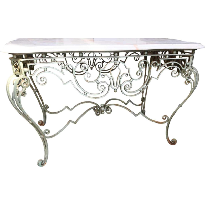 Table basse en fer forgé, tablette en marbre blanc, circa 1940