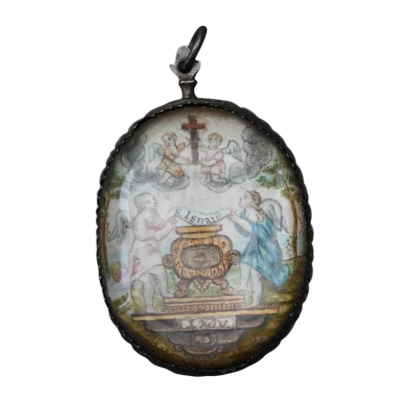 Medaillon van reliekschrijn, dubbelzijdig miniatuur op reliëf perkament, zilveren frame, 17e eeuw