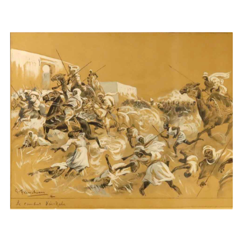 Gustave FLASSCHOEN 'De strijd van In - Rahr' oriëntalistisch schilderij wastekening, 1900