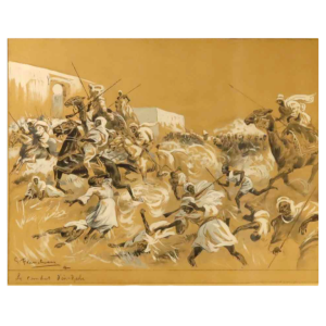 Gustave FLASSCHOEN 'De strijd van In - Rahr' oriëntalistisch schilderij wastekening, 1900