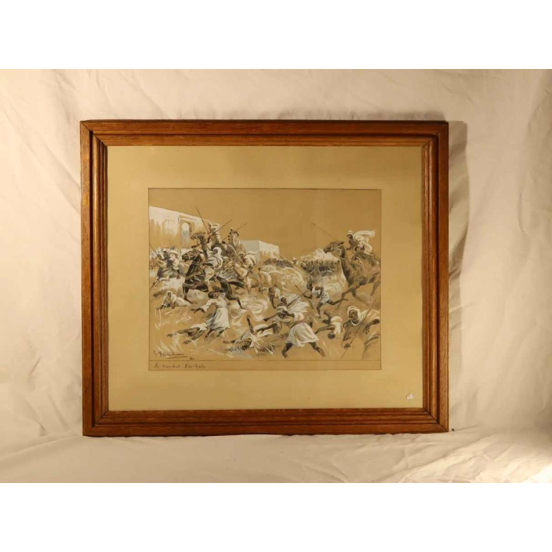 Gustave FLASSCHOEN 'Le Combat / bataille d'In - Rahr' tableau orientaliste dessin lavis, 1900