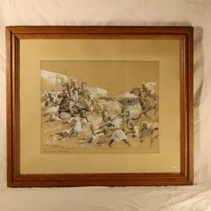 Gustave FLASSCHOEN 'Le Combat / bataille d'In - Rahr' tableau orientaliste dessin lavis, 1900