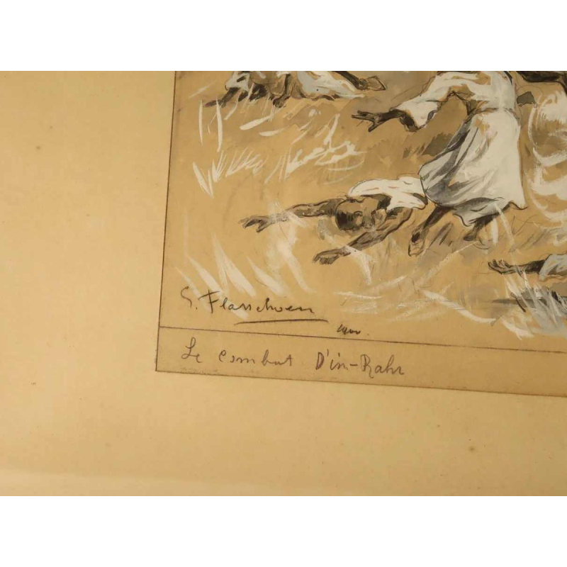 Gustave FLASSCHOEN 'Le Combat / bataille d'In - Rahr' tableau orientaliste dessin lavis, 1900
