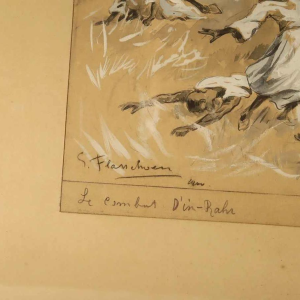 Gustave FLASSCHOEN 'De strijd van In - Rahr' oriëntalistisch schilderij wastekening, 1900