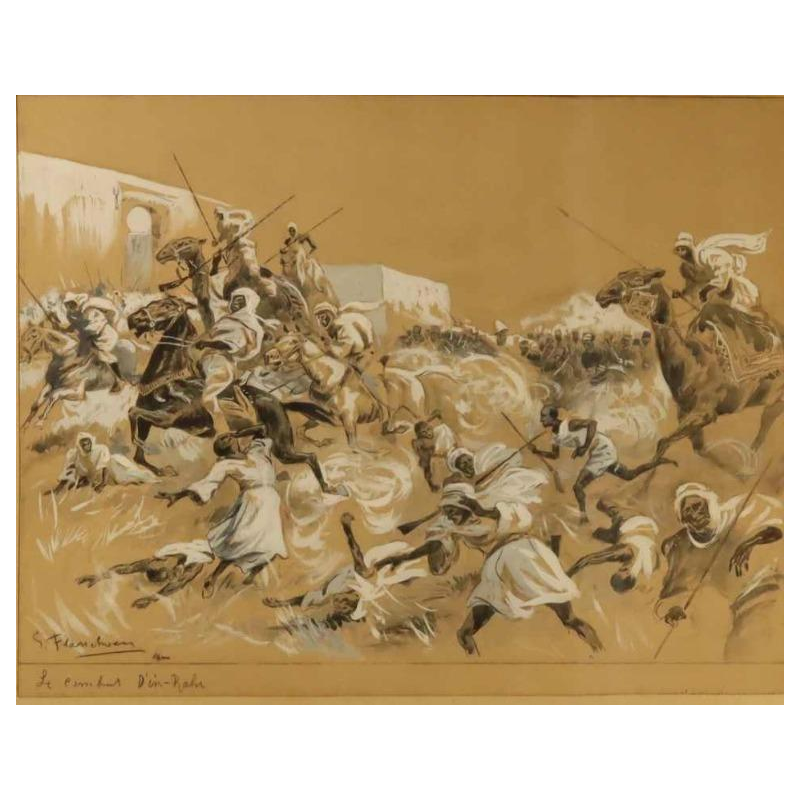 Gustave FLASSCHOEN 'The Battle of In - Rahr' orientalist painting wash drawing, 1900
