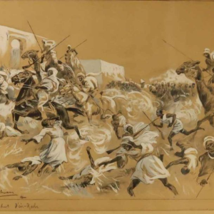 Gustave FLASSCHOEN 'De strijd van In - Rahr' oriëntalistisch schilderij wastekening, 1900