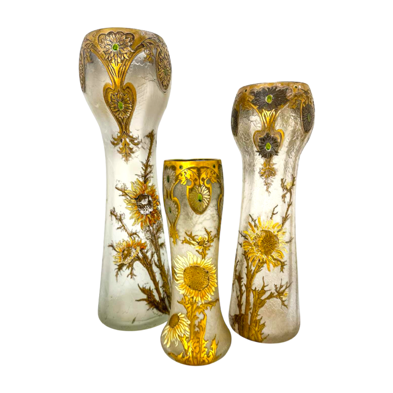 Legras, ensemble de 3 vases Art Nouveau, décor de fleurs de chardons, verre émaillé dégagé à l'acide, ca 1890
