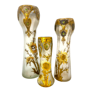 Legras, set of 3 Art Nouveau vases, decoration of thistle flowers, acid-etched glass, ca 1890