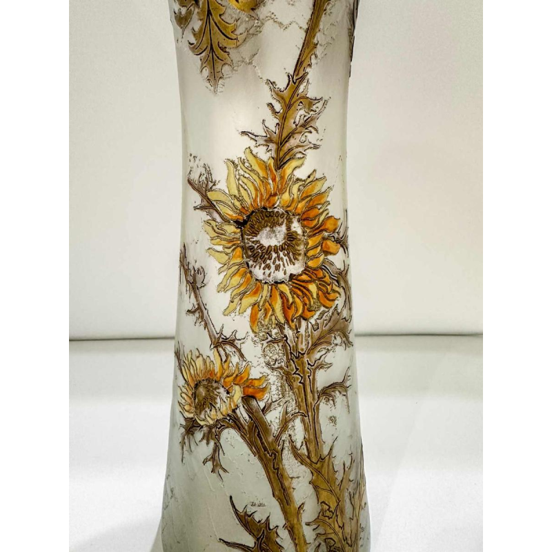 Legras, set of 3 Art Nouveau vases, decoration of thistle flowers, acid-etched glass, ca 1890