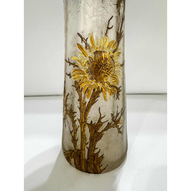 Legras, set van 3 Art Nouveau vazen, decoratie van distelbloemen, zuurgeëtst glas, ca 1890