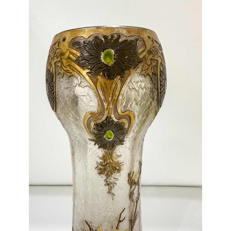 Legras, set of 3 Art Nouveau vases, decoration of thistle flowers, acid-etched glass, ca 1890