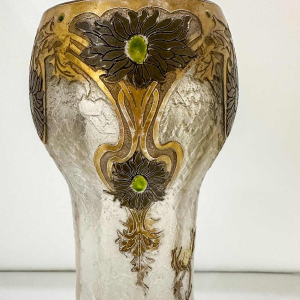 Legras, ensemble de 3 vases Art Nouveau, décor de fleurs de chardons, verre émaillé dégagé à l'acide, ca 1890
