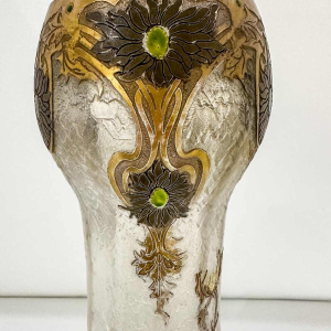 Legras, ensemble de 3 vases Art Nouveau, décor de fleurs de chardons, verre émaillé dégagé à l'acide, ca 1890