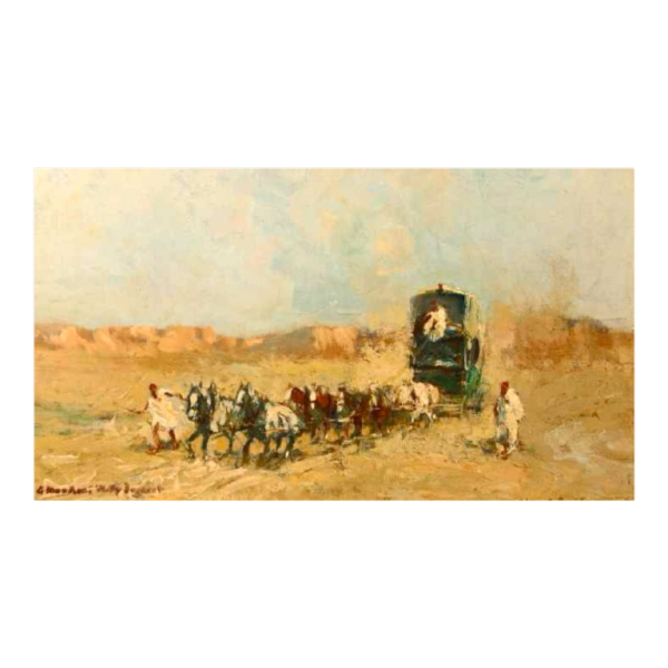 Alfred BASTIEN 'Chevaux et caravane dans le désert marocain, tableau orientaliste, huile sur toile, ca 1900