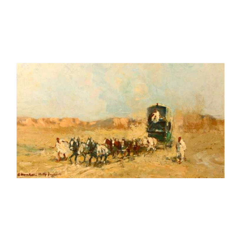 Alfred BASTIEN 'Chevaux et caravane dans le désert marocain, tableau orientaliste, huile sur toile, ca 1900