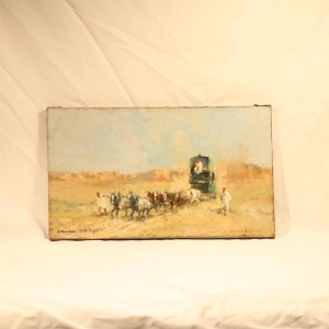 Alfred BASTIEN 'Chevaux et caravane dans le désert marocain, tableau orientaliste, huile sur toile, ca 1900