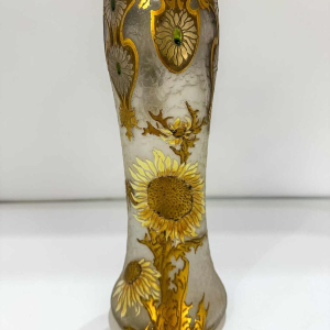 Legras, ensemble de 3 vases Art Nouveau, décor de fleurs de chardons, verre émaillé dégagé à l'acide, ca 1890