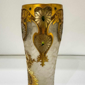 Legras, ensemble de 3 vases Art Nouveau, décor de fleurs de chardons, verre émaillé dégagé à l'acide, ca 1890