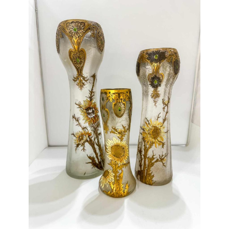 Legras, set of 3 Art Nouveau vases, decoration of thistle flowers, acid-etched glass, ca 1890
