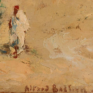 Alfred BASTIEN 'Chevaux et caravane dans le désert marocain, tableau orientaliste, huile sur toile, ca 1900