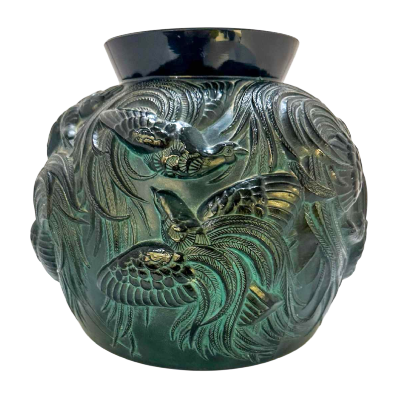 Sabino Paris, rare vase ovoïde noir et vert à motifs d'oiseaux de paradis, ca 1920-1930