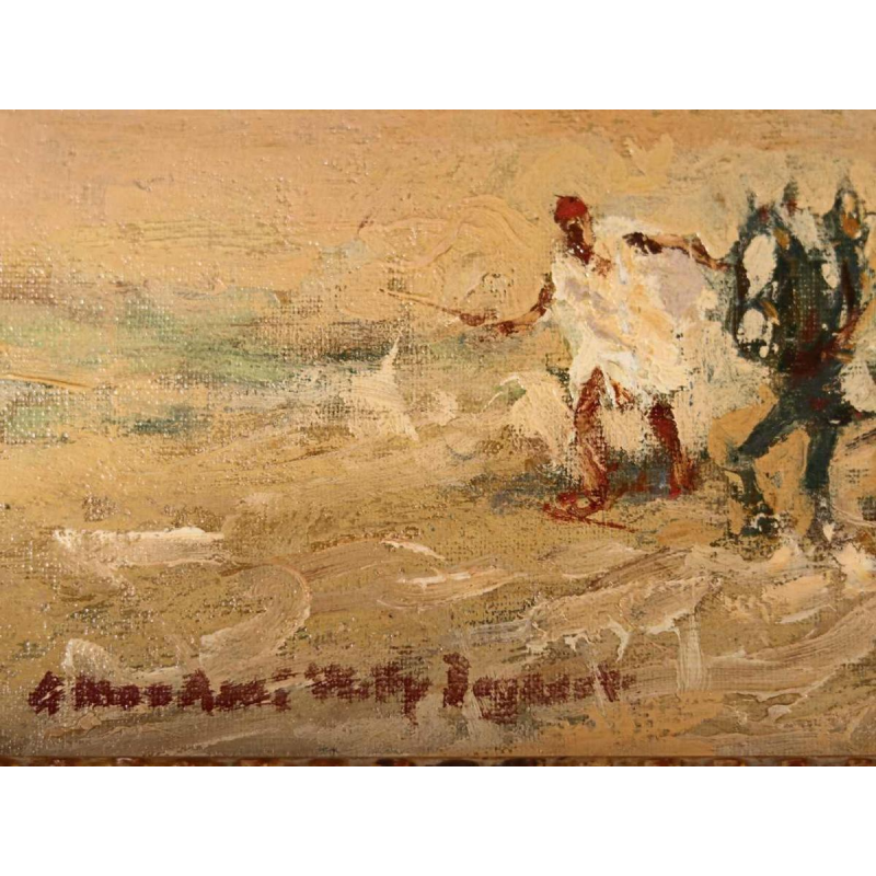 Alfred BASTIEN 'Chevaux et caravane dans le désert marocain, tableau orientaliste, huile sur toile, ca 1900