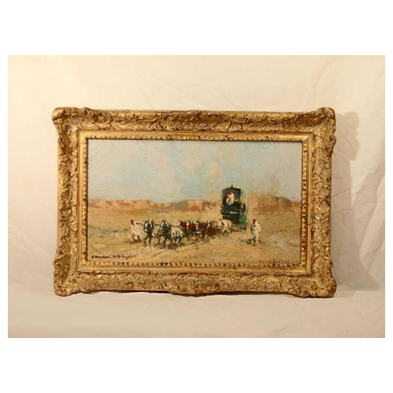 Alfred BASTIEN 'Horses and caravan in the Moroccan desert' Orientalist painting, oil on canvas, ca 1900