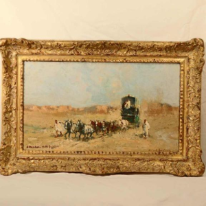 Alfred BASTIEN 'Horses and caravan in the Moroccan desert' Orientalist painting, oil on canvas, ca 1900