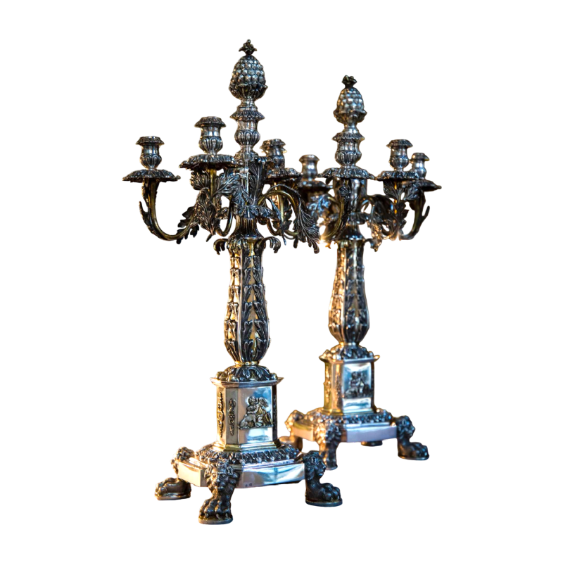 Rare paire de candélabres en argent massif et vermeil, Naples - Royaume des Deux-Siciles 1832-1835