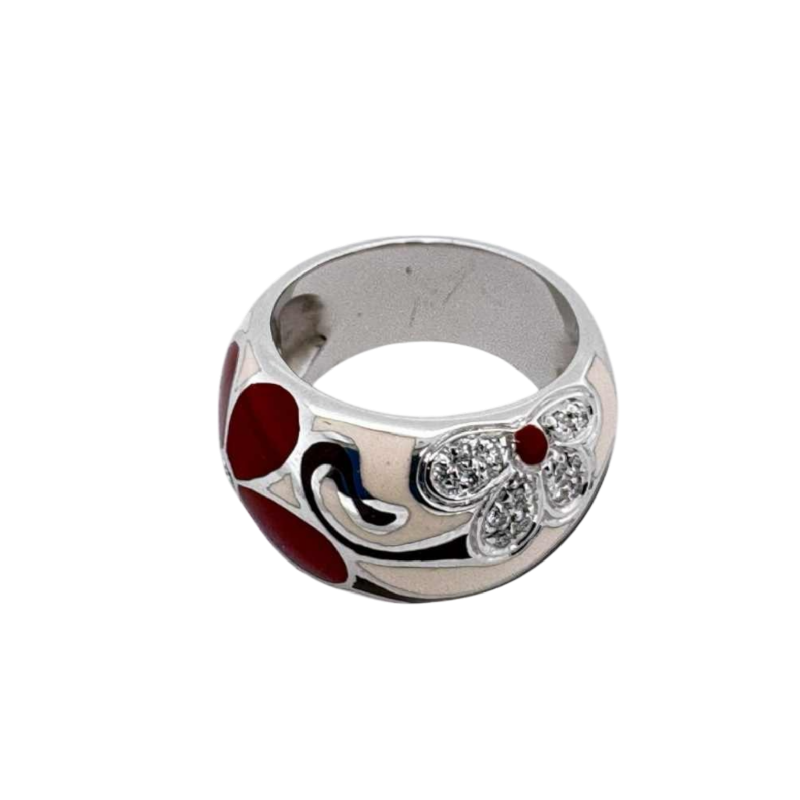 18 kt witgouden ring met diamanten & email