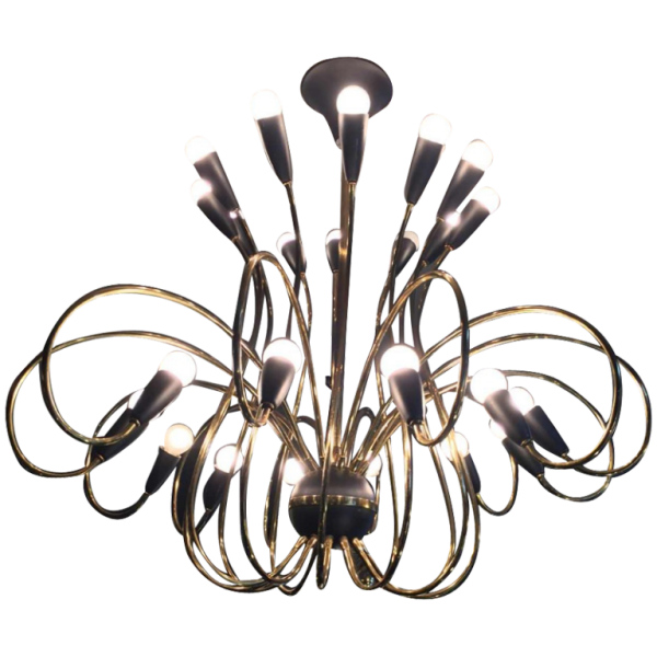 STILNOVO, Grand Lustre " Cor de Chasse " 24 Lumières, Laiton, Métal Peint, 1950