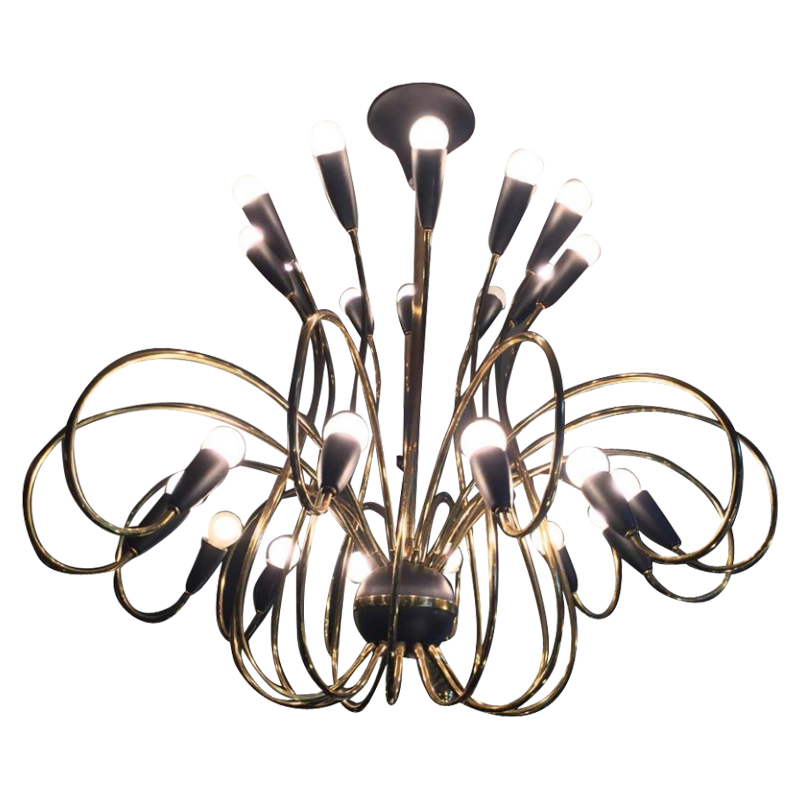 STILNOVO, Grand Lustre " Cor de Chasse " 24 Lumières, Laiton, Métal Peint, 1950