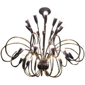 STILNOVO, Grand Lustre " Cor de Chasse " 24 Lumières, Laiton, Métal Peint, 1950