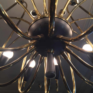 STILNOVO, Large Chandelier " Hunting Horn " 24 Lights, Brass Painted Metal, 1950