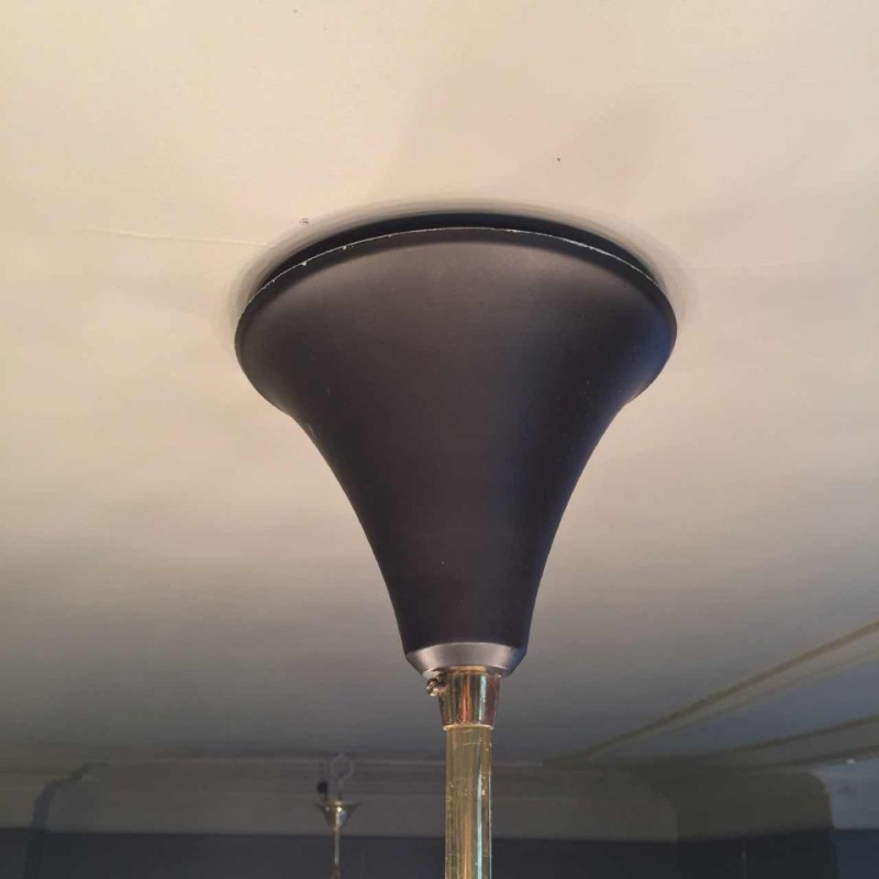 STILNOVO, Large Chandelier " Hunting Horn " 24 Lights, Brass Painted Metal, 1950