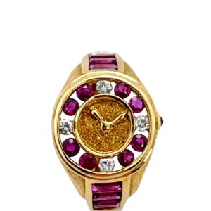 Yellow gold ring, shape of a watch, diamonds and rubies