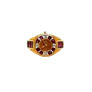 Geelgouden ring, vorm van een horloge, diamanten en robijnen