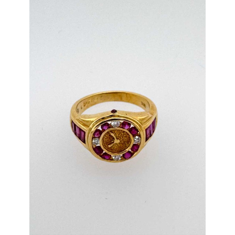 Bague or jaune en forme de montre, diamants et rubis