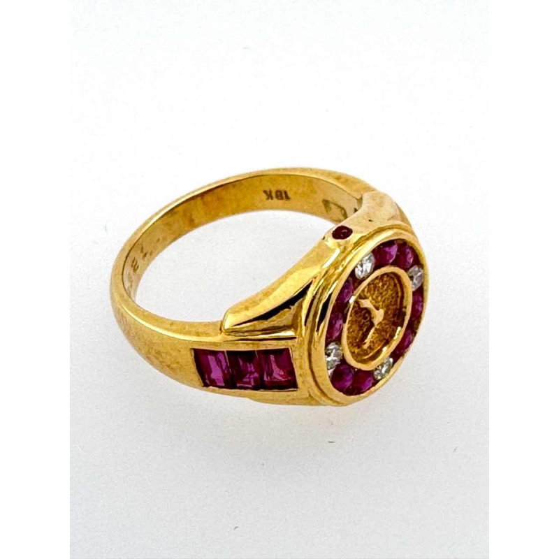 Yellow gold ring, shape of a watch, diamonds and rubies