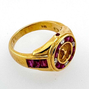 Yellow gold ring, shape of a watch, diamonds and rubies
