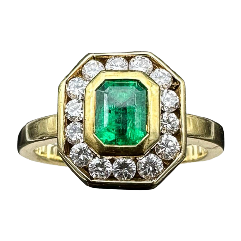 Bague vintage or jaune 18k, émeraude et diamants