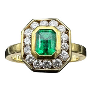 Vintage 18k yellow gold, emerald and diamond ring