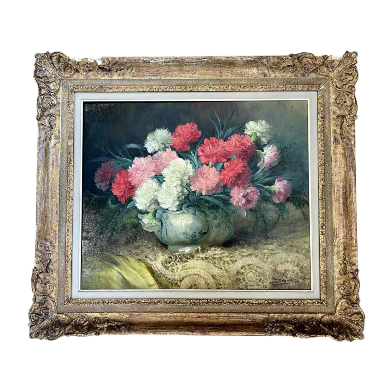 Julien STAPPERS " Bouquet d'oeillets ", tableau huile sur toile, XXème
