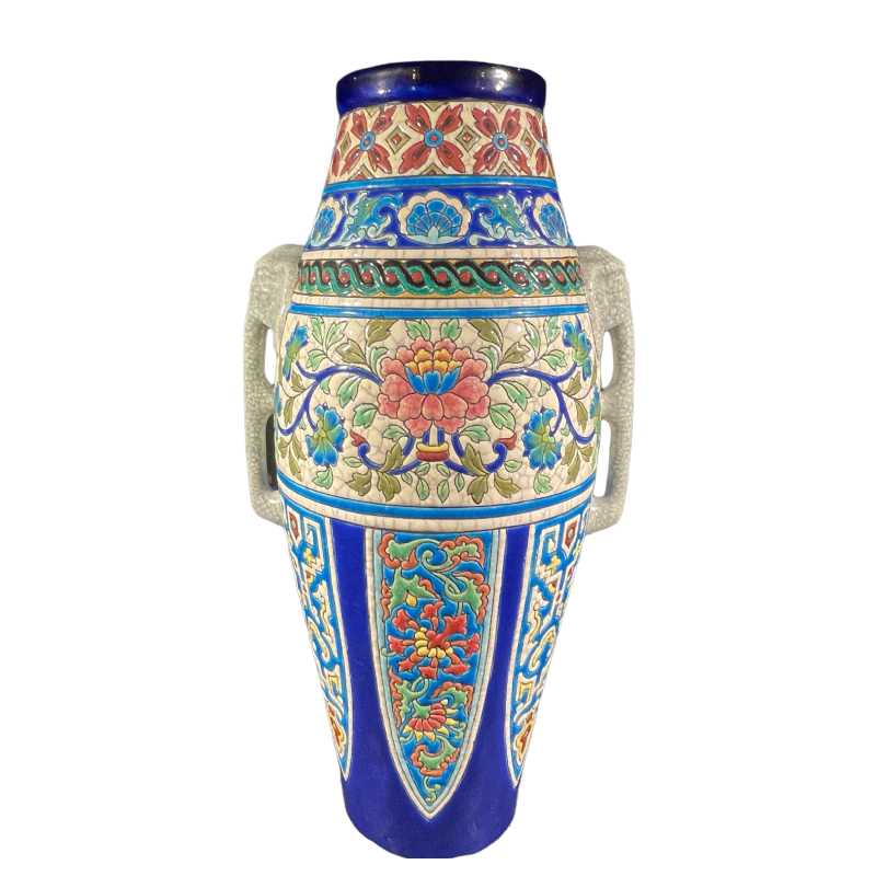 LONGWY, vase Art Déco F 1551 Céramique Faïence Emaille´ Cloisonne´ Oriental 1930