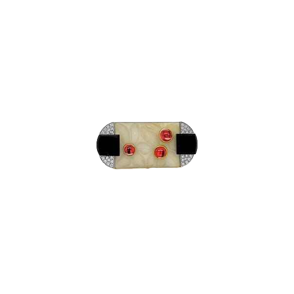 Art Deco witgoud broche met onyx & bergkristal