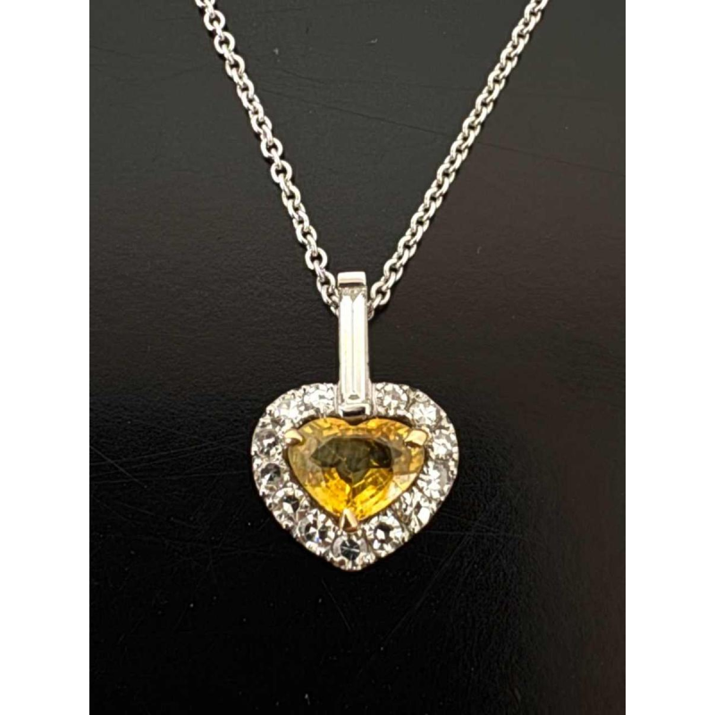 Heart' pendant in white gold, yellow sapphire, diamonds and 'baguette' diamonds
