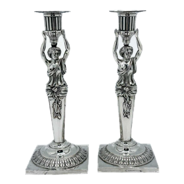 Neurenberg 1780 paar kariatidefakkels, massief zilver