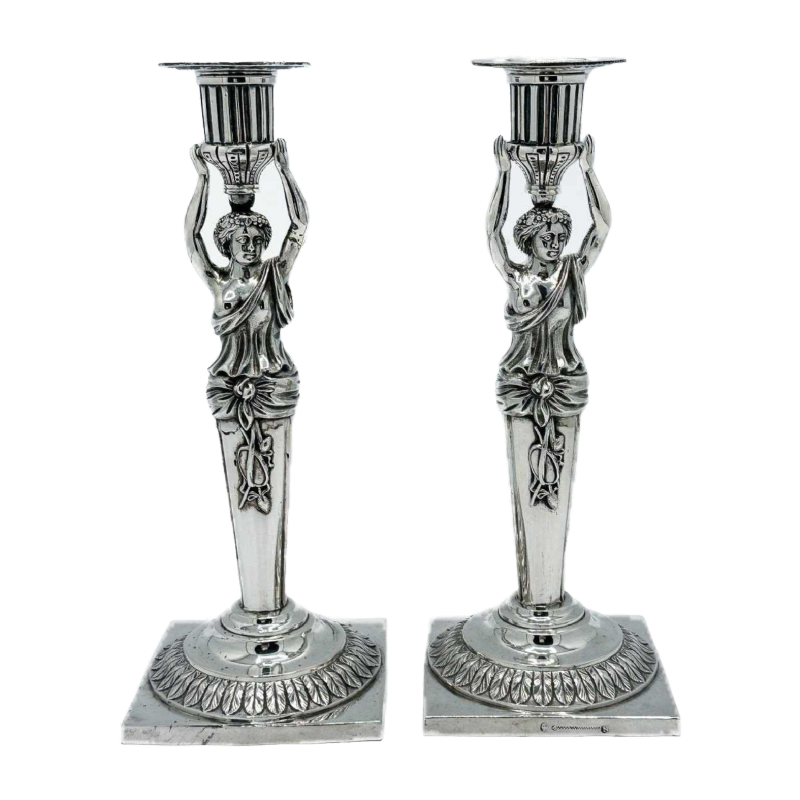 Nuremberg 1780 paire de flambeaux caryatides en argent massif